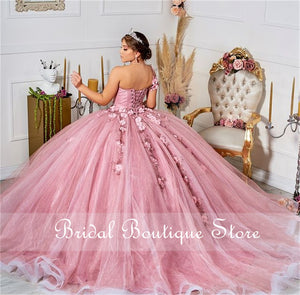 Puffy Ball Gown Quinceanera Dress 2021 One Shoulder Flower Beaded Tulle Corset Masquerade Ball Gowns Sweet 16 Dress