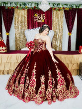 Load image into Gallery viewer, Burgundy Velvet Princess Quinceanera Dress Ball Gown Sequins Lace Applique Sweet 16 Dress Plus Size
