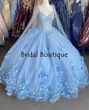 Load image into Gallery viewer, Light Sky Blue Quinceanera Dresses With Cape 2021 Sequins Beads 3D Flowers Backless Princess Sweet 16 Gown Vestidos De 15 Años
