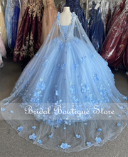 Load image into Gallery viewer, Light Sky Blue Quinceanera Dresses With Cape 2021 Sequins Beads 3D Flowers Backless Princess Sweet 16 Gown Vestidos De 15 Años
