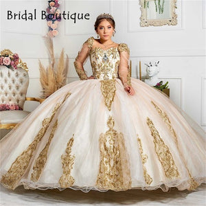 Princess Gold Quinceanera Dresses Long Sleeves Applique Beading Sweet 16 Dress Pageant Gowns vestidos de 15 años 2021