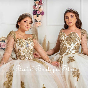 Princess Gold Quinceanera Dresses Long Sleeves Applique Beading Sweet 16 Dress Pageant Gowns vestidos de 15 años 2021