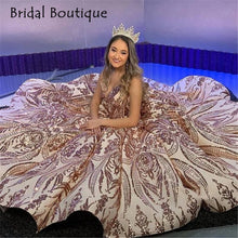 Load image into Gallery viewer, Modern Rose Gold African Reflective Quinceanera Dresses Sequins V neck Backless Prom Gowns Sparkly Formal Party Dress
