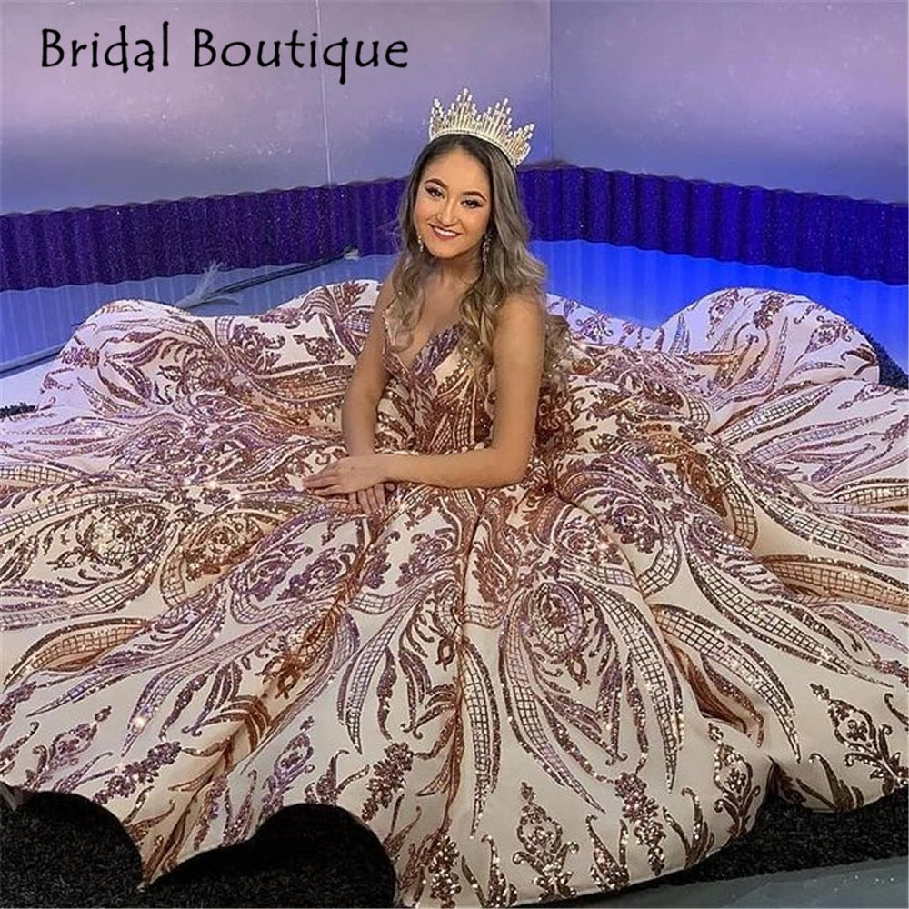 Modern Rose Gold African Reflective Quinceanera Dresses Sequins V neck Backless Prom Gowns Sparkly Formal Party Dress