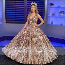 Load image into Gallery viewer, Modern Rose Gold African Reflective Quinceanera Dresses Sequins V neck Backless Prom Gowns Sparkly Formal Party Dress
