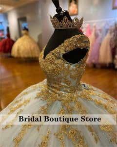Stunning Tulle Quinceanera Dresses With Golden Appliques Cap Sleeve Pearls  Sweet 16 Prom Gowns