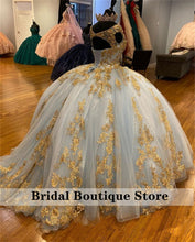 Load image into Gallery viewer, Stunning Tulle Quinceanera Dresses With Golden Appliques Cap Sleeve Pearls  Sweet 16 Prom Gowns
