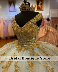 Stunning Tulle Quinceanera Dresses With Golden Appliques Cap Sleeve Pearls  Sweet 16 Prom Gowns