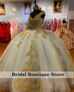 Stunning Tulle Quinceanera Dresses With Golden Appliques Cap Sleeve Pearls  Sweet 16 Prom Gowns