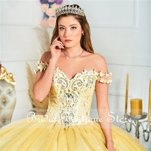 Princess Yellow Quinceanera Dress 2021 Off Shoulder Appliques Lace Party Prom Sweet 16 Gown Vestidos De 15 Años