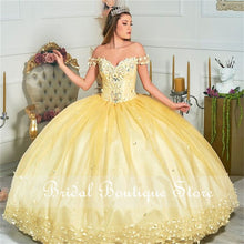Load image into Gallery viewer, Princess Yellow Quinceanera Dress 2021 Off Shoulder Appliques Lace Party Prom Sweet 16 Gown Vestidos De 15 Años
