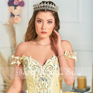 Princess Yellow Quinceanera Dress 2021 Off Shoulder Appliques Lace Party Prom Sweet 16 Gown Vestidos De 15 Años