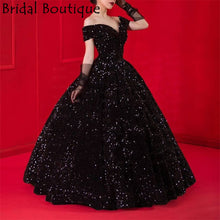 Load image into Gallery viewer, Princess Ball Gown Black Quinceanera Dresses Off Shoulder Sequins Evening Gowns Sweet 16 Girls Prom Gowns 2021
