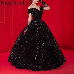 Princess Ball Gown Black Quinceanera Dresses Off Shoulder Sequins Evening Gowns Sweet 16 Girls Prom Gowns 2021