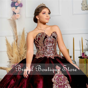 Burgundy Sweetheart Quinceanera Dresses Velvet Sequined Ball Gown Sweet 16 Dress vestidos de 15 años
