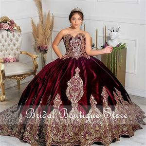 Burgundy Sweetheart Quinceanera Dresses Velvet Sequined Ball Gown Sweet 16 Dress vestidos de 15 años