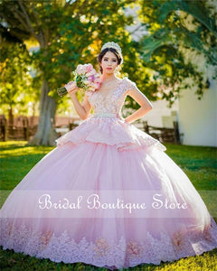 Princess Pink Lace Ball Gown Quinceanera Dresses 2021 Appliques Sweet 16 Formal Prom Gown Birthday Dress