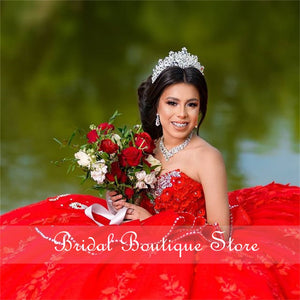 Red Ball Gown Quinceanera Dress Beaded Sparkly Lace Pageant Party Dress Mexican Girl Birthday Gown