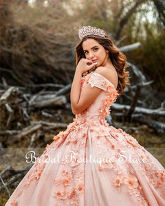 Off Shoulder Blush Pink Quinceanera Dresses 2021 Appliques 3D Flowers Beads Sweet 16 Party Ball Gowns Pageant Princess Lace-Up