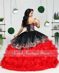 Mexican Charro Black Quinceanera Dress Off the Shoulder Corset Back Sweet 15 16 Dresses Theme Party Prom Vestidos