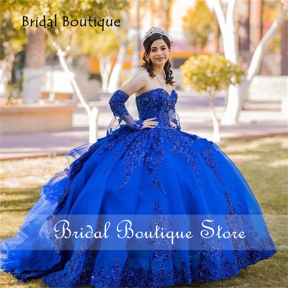 Royal Blue Quinceanera Dress Sweetheart Crystal Beaded Puffy Sleeves Vestidos Para XV Años Sweet 16 Dress robe de soirée