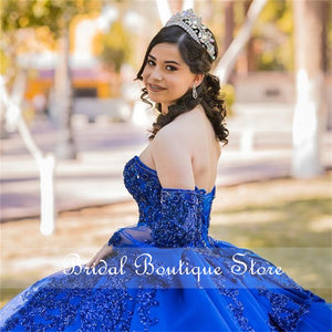 Royal Blue Quinceanera Dress Sweetheart Crystal Beaded Puffy Sleeves Vestidos Para XV Años Sweet 16 Dress robe de soirée