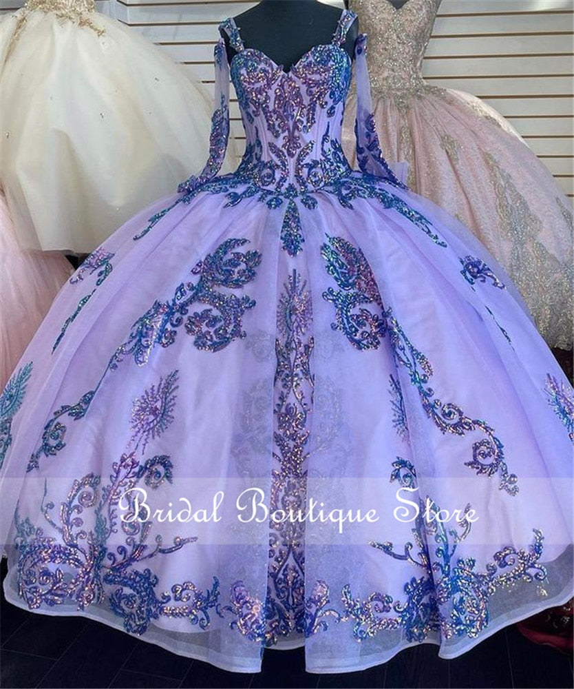 Light Blue Quinceanera Dress 2021 Off The Shoulder Appliques Sequins Bow Princess Sweet 16 Ball Gown Vestidos De 15 Años