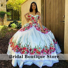 Load image into Gallery viewer, Vestidos de 15 años Black Quinceanera Dresses with Flowers Applique Off  Shoulder Sweet 16  Dress Lace-Up Back Mexican Gowns
