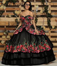 Load image into Gallery viewer, Vestidos de 15 años Black Quinceanera Dresses with Flowers Applique Off  Shoulder Sweet 16  Dress Lace-Up Back Mexican Gowns

