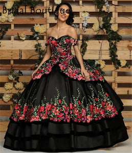 Vestidos de 15 años Black Quinceanera Dresses with Flowers Applique Off  Shoulder Sweet 16  Dress Lace-Up Back Mexican Gowns