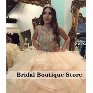 Attractive Beading Ruffles Tiered Quinceanera Dresses Crystal Ball Gown Lace-Up Sweet 16 Dress Vestidos De 15 Años
