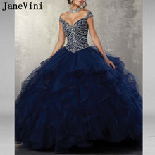 Load image into Gallery viewer, JaneVini 2019 Elegant Navy Blue Quinceanera Dresses Ball Gowns V Neck Heavy Beads Ruffles Puffy Tulle Princess Gowns Vestidos 15
