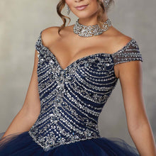 Load image into Gallery viewer, JaneVini 2019 Elegant Navy Blue Quinceanera Dresses Ball Gowns V Neck Heavy Beads Ruffles Puffy Tulle Princess Gowns Vestidos 15
