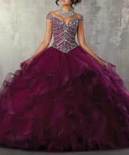 Load image into Gallery viewer, JaneVini 2019 Elegant Navy Blue Quinceanera Dresses Ball Gowns V Neck Heavy Beads Ruffles Puffy Tulle Princess Gowns Vestidos 15

